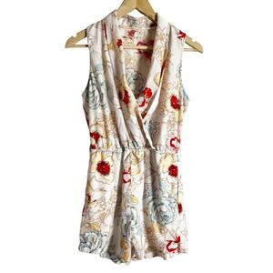 Tea & Cup White Floral Print Sleeveless Faux Wrap Romper Size Small